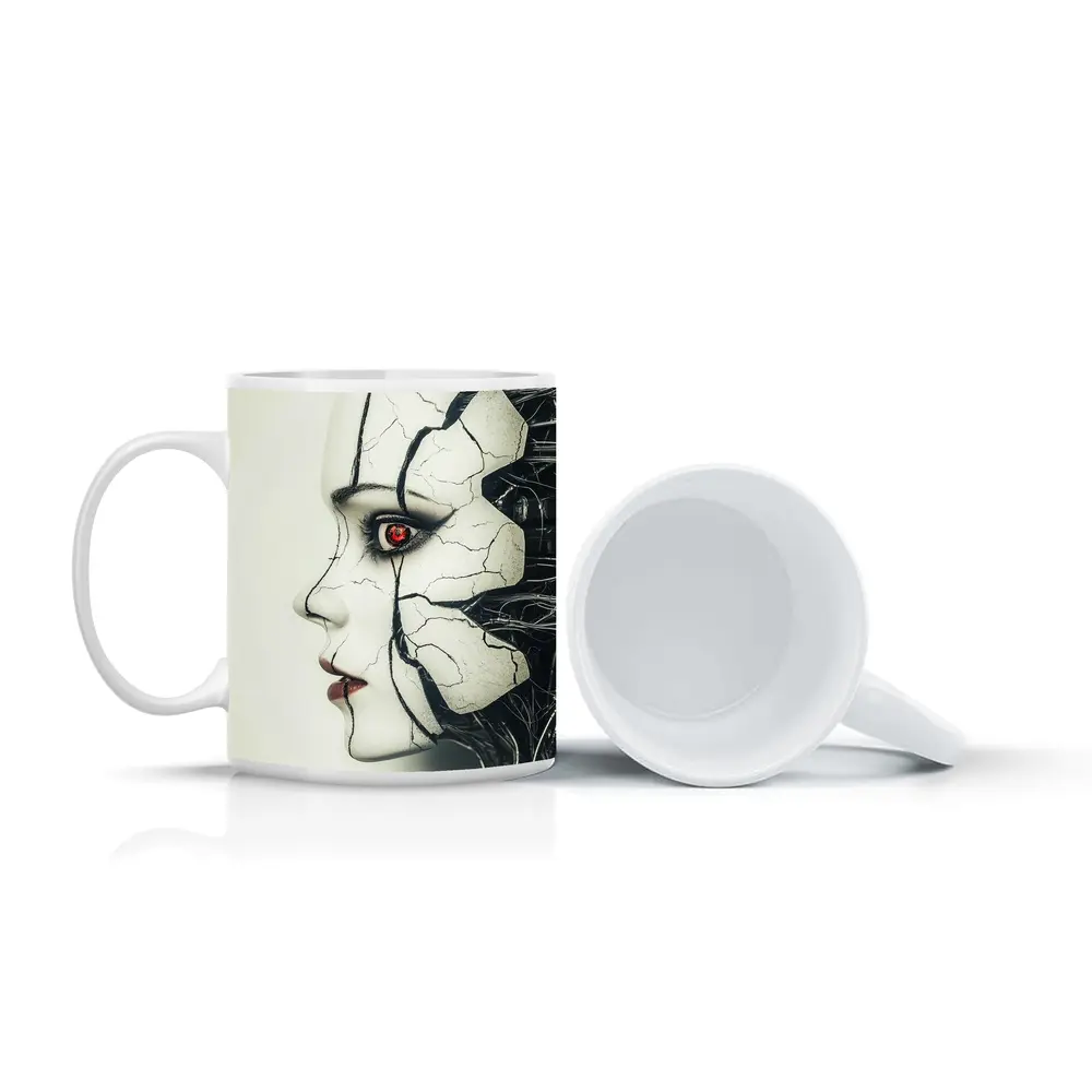 Cracked Porcelain Female Face Cyberpunk Art – Mugs
