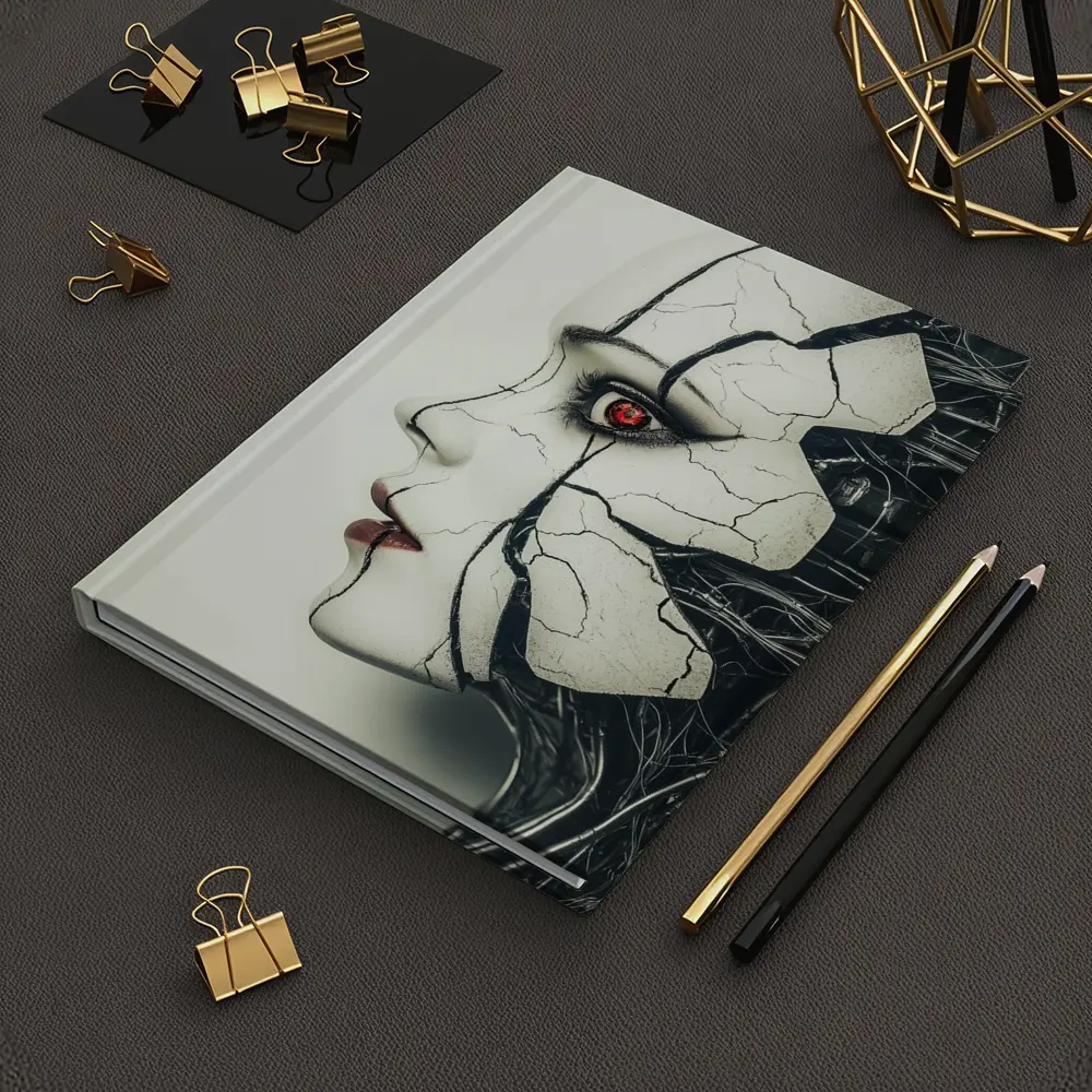 Cracked Porcelain Female Face Cyberpunk Art – Notebooks