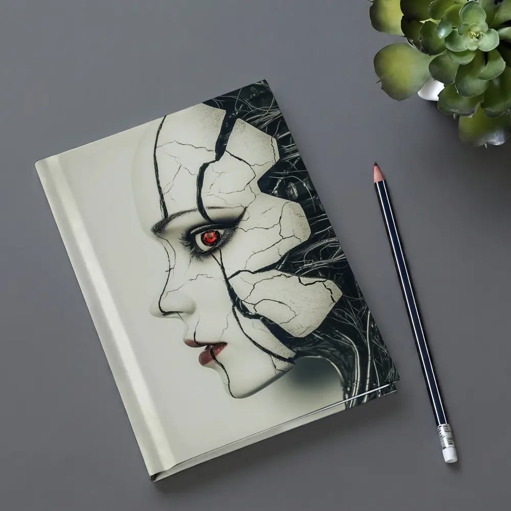 Cracked Porcelain Female Face Cyberpunk Art – Notebooks