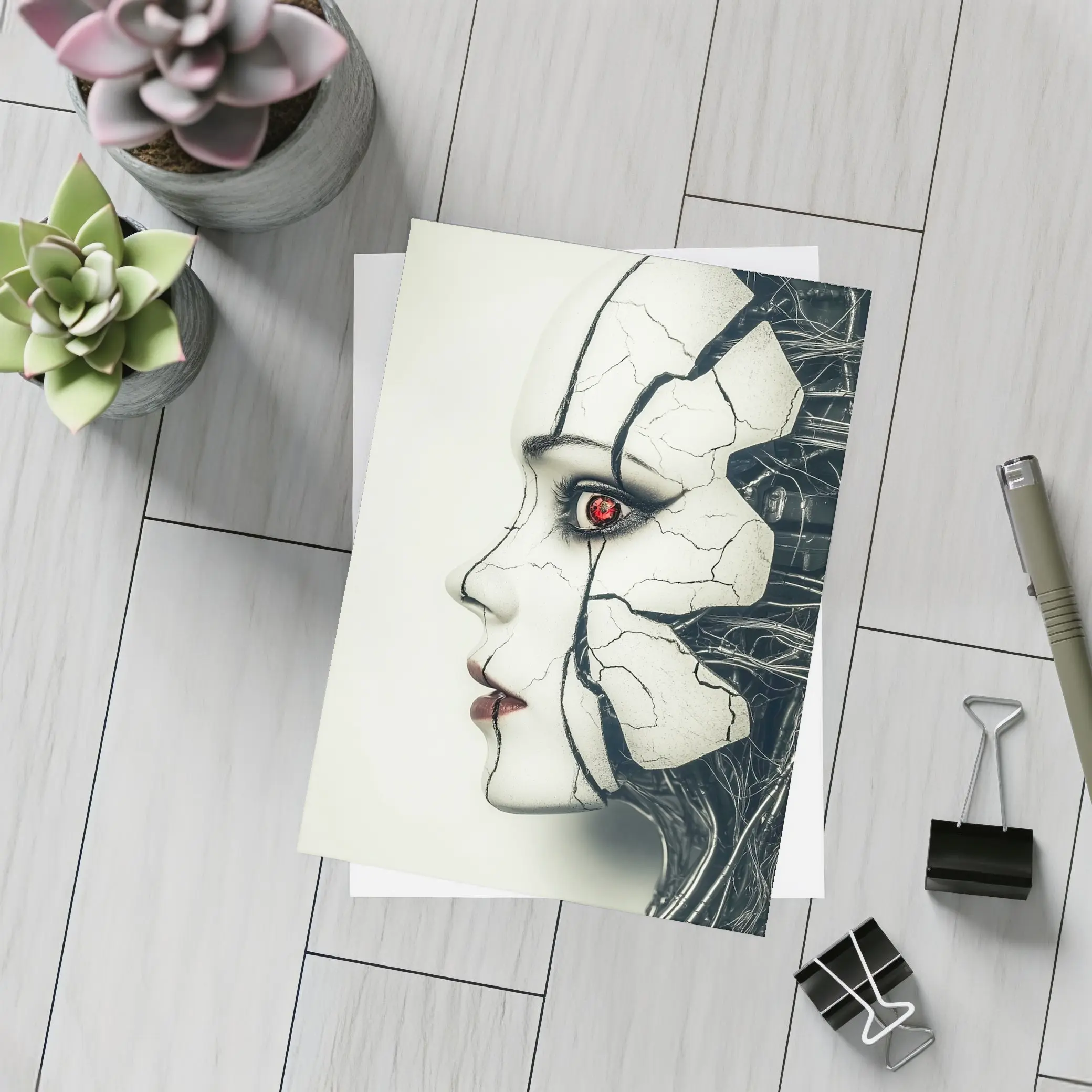 Cracked Porcelain Female Face Cyberpunk Art – Postcards