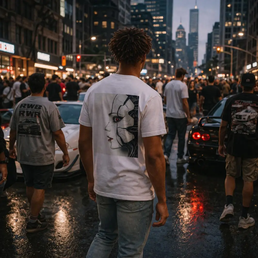 Cracked Porcelain Female Face Cyberpunk Art – T-Shirts