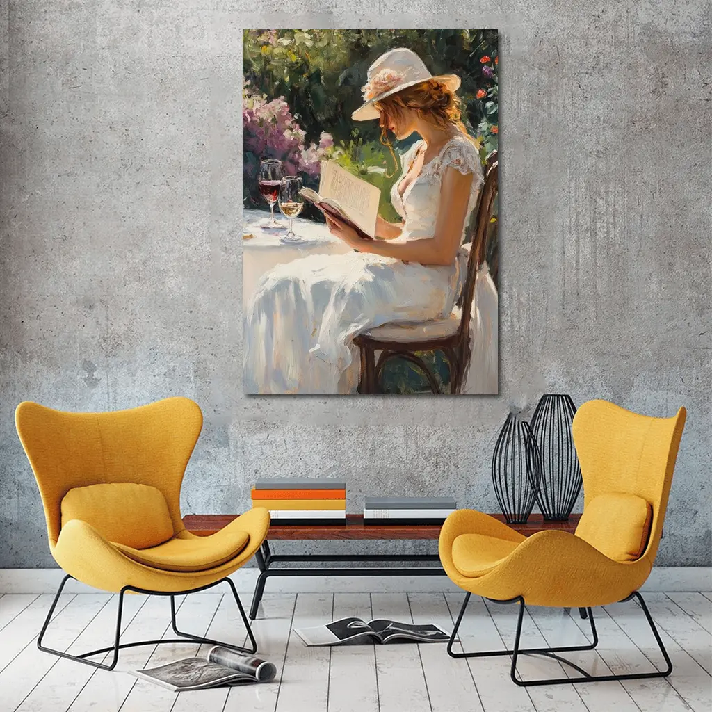 Woman Reading Book Garden Impressionist Oil Painting – Wall Art