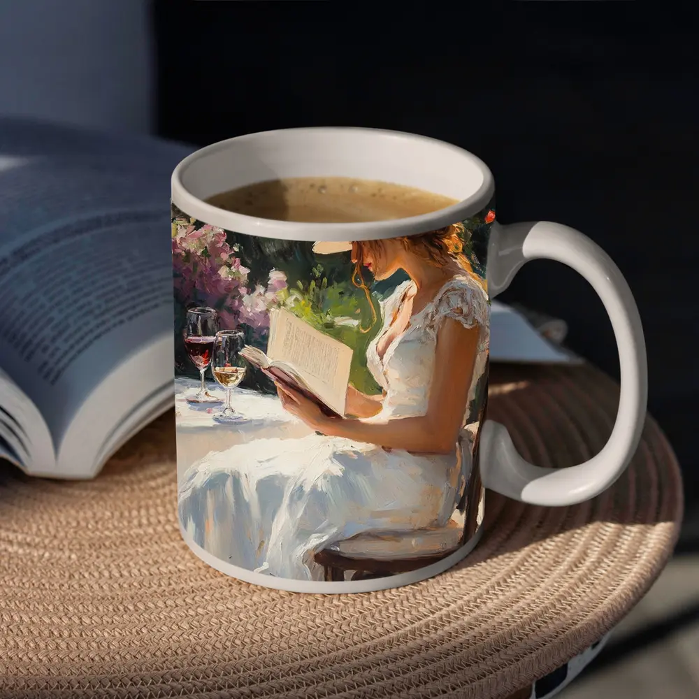Woman Reading Book Garden Impressionist Oil Painting – Mugs