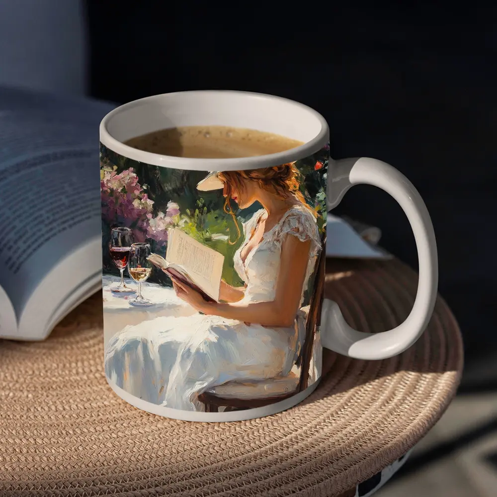 Woman Reading Book Garden Impressionist Oil Painting – Mugs