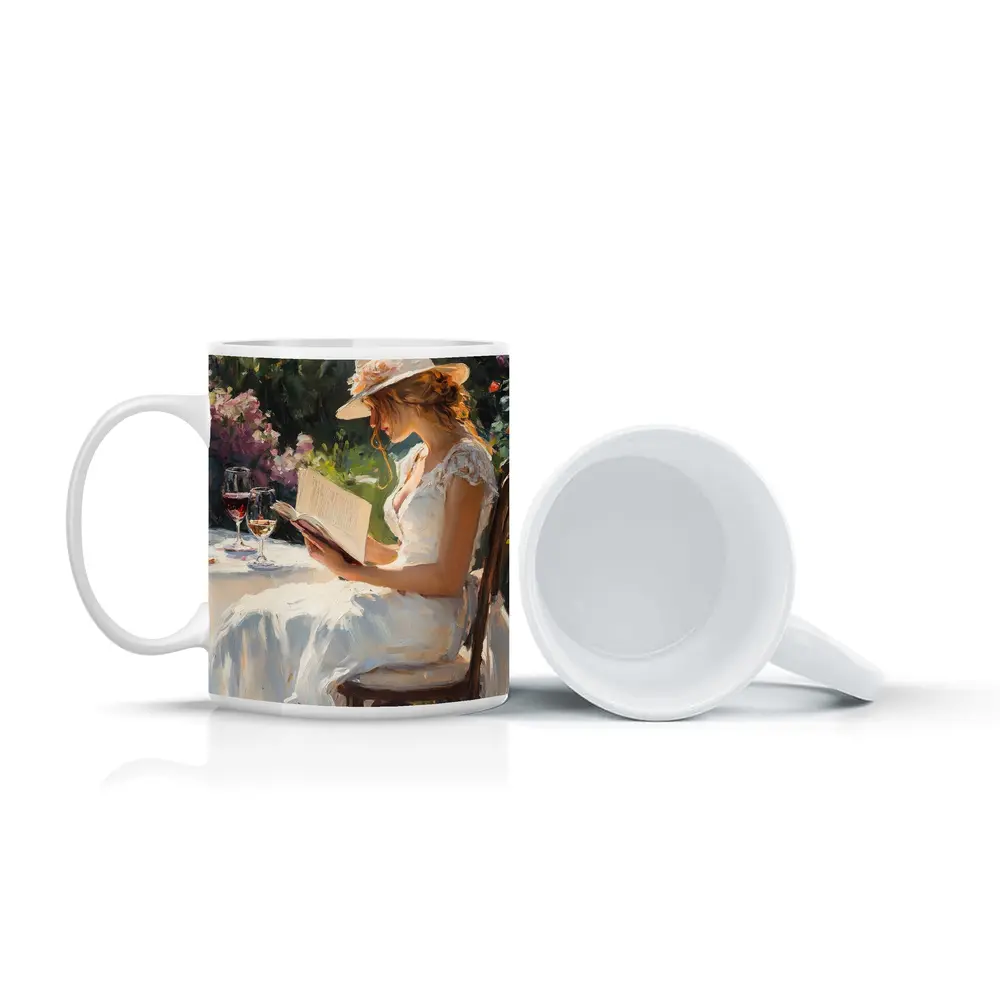 Woman Reading Book Garden Impressionist Oil Painting – Mugs