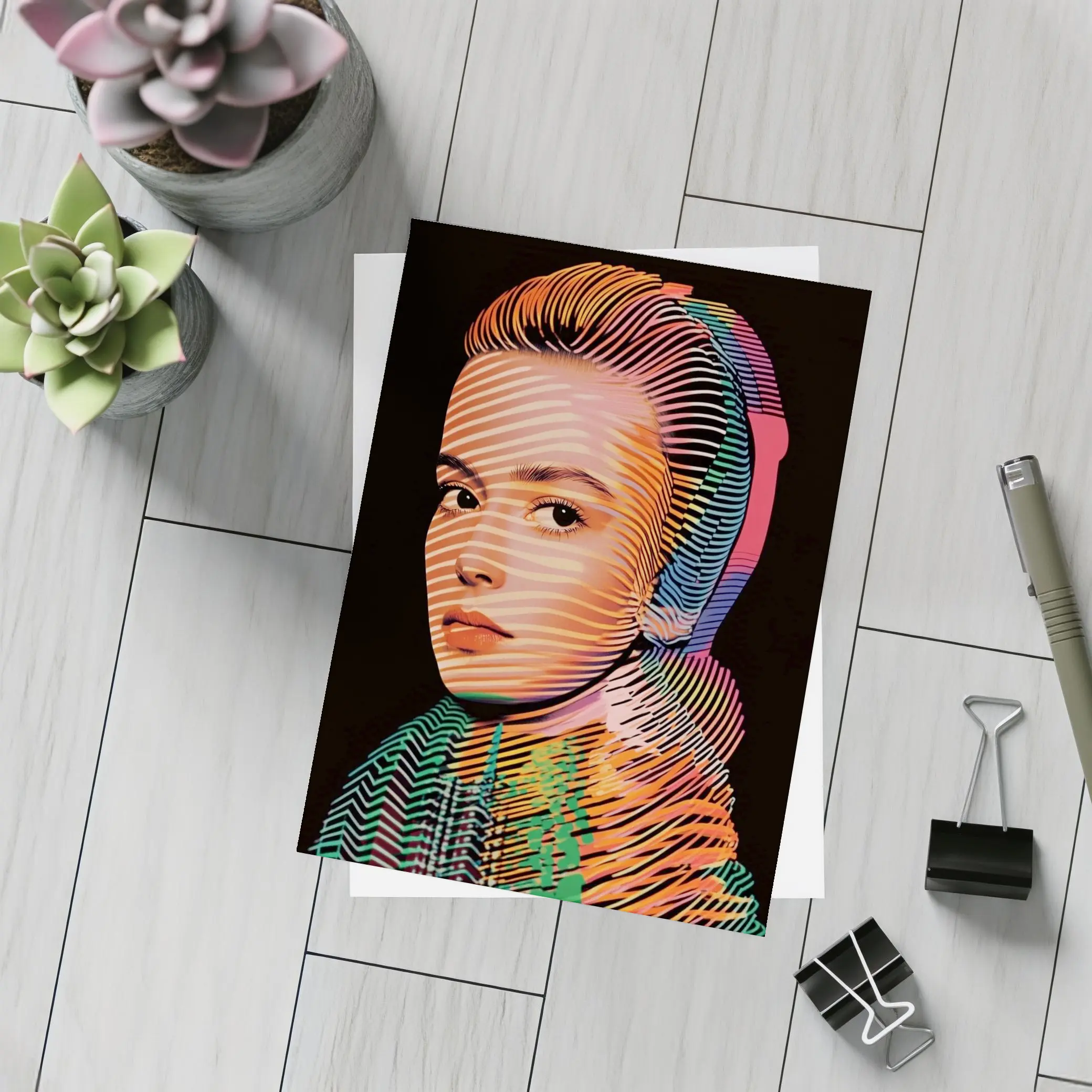 Pop Art Woman Portrait Colorful Line Pattern – Postcards
