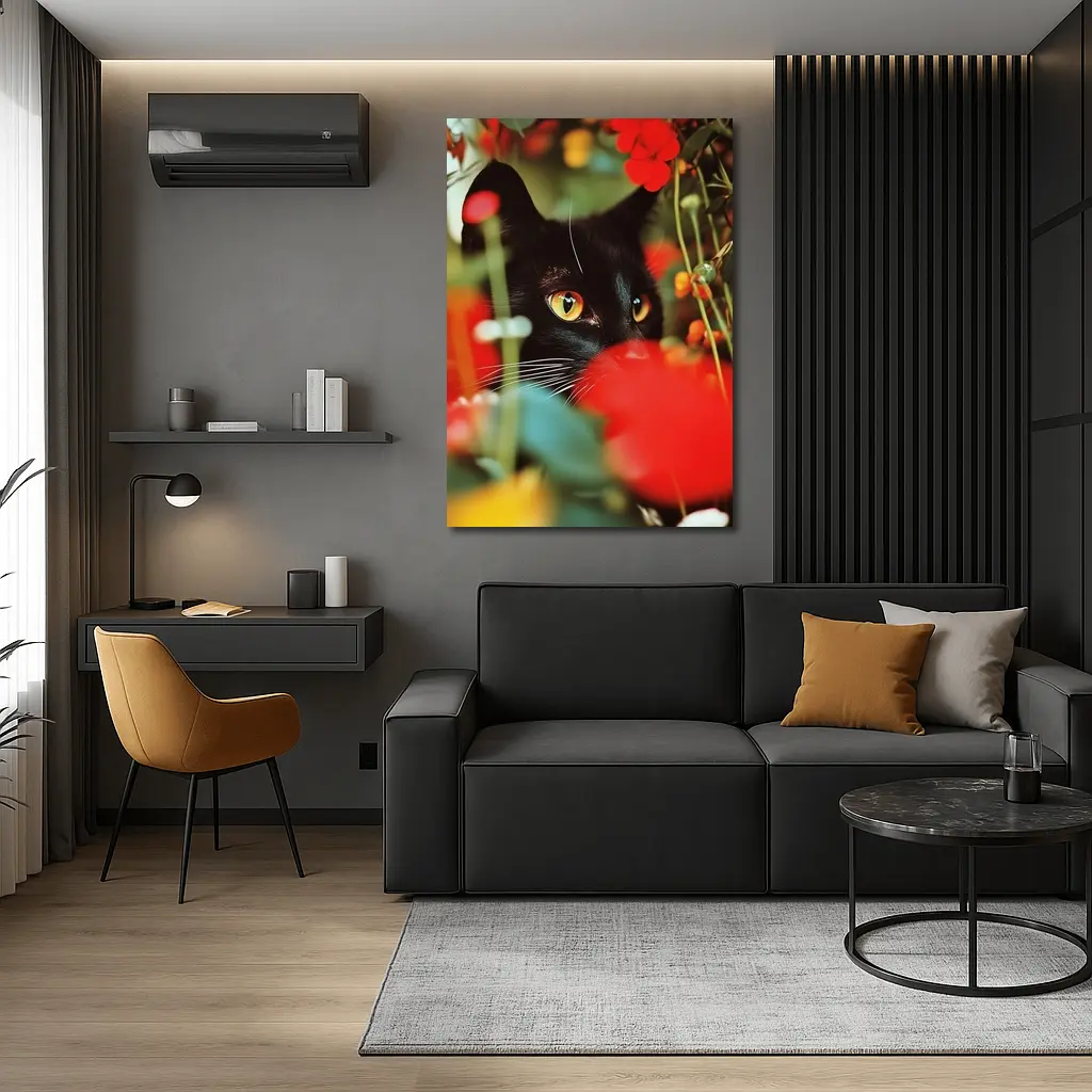 Black Cat Peeking Through Red Flowers – Wall Art