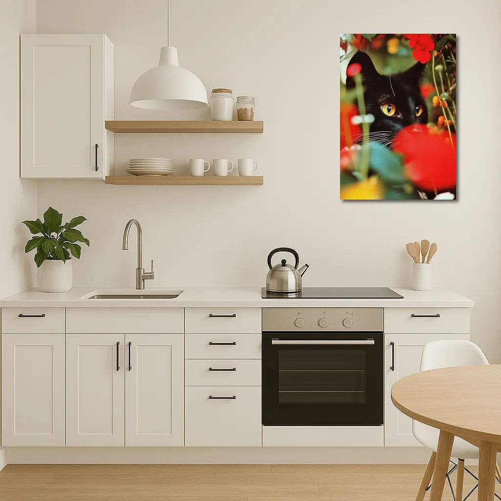 Black Cat Peeking Through Red Flowers – Wall Art