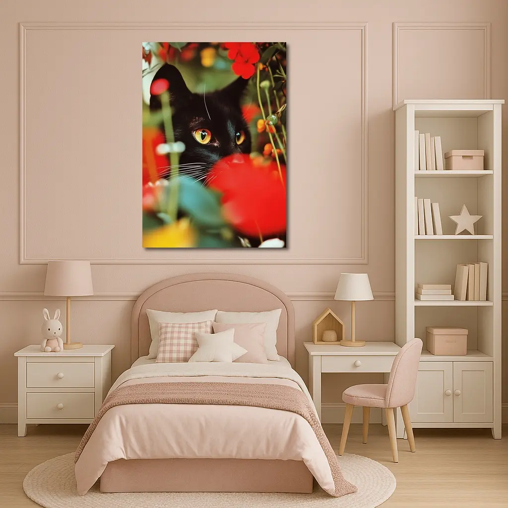 Black Cat Peeking Through Red Flowers – Wall Art