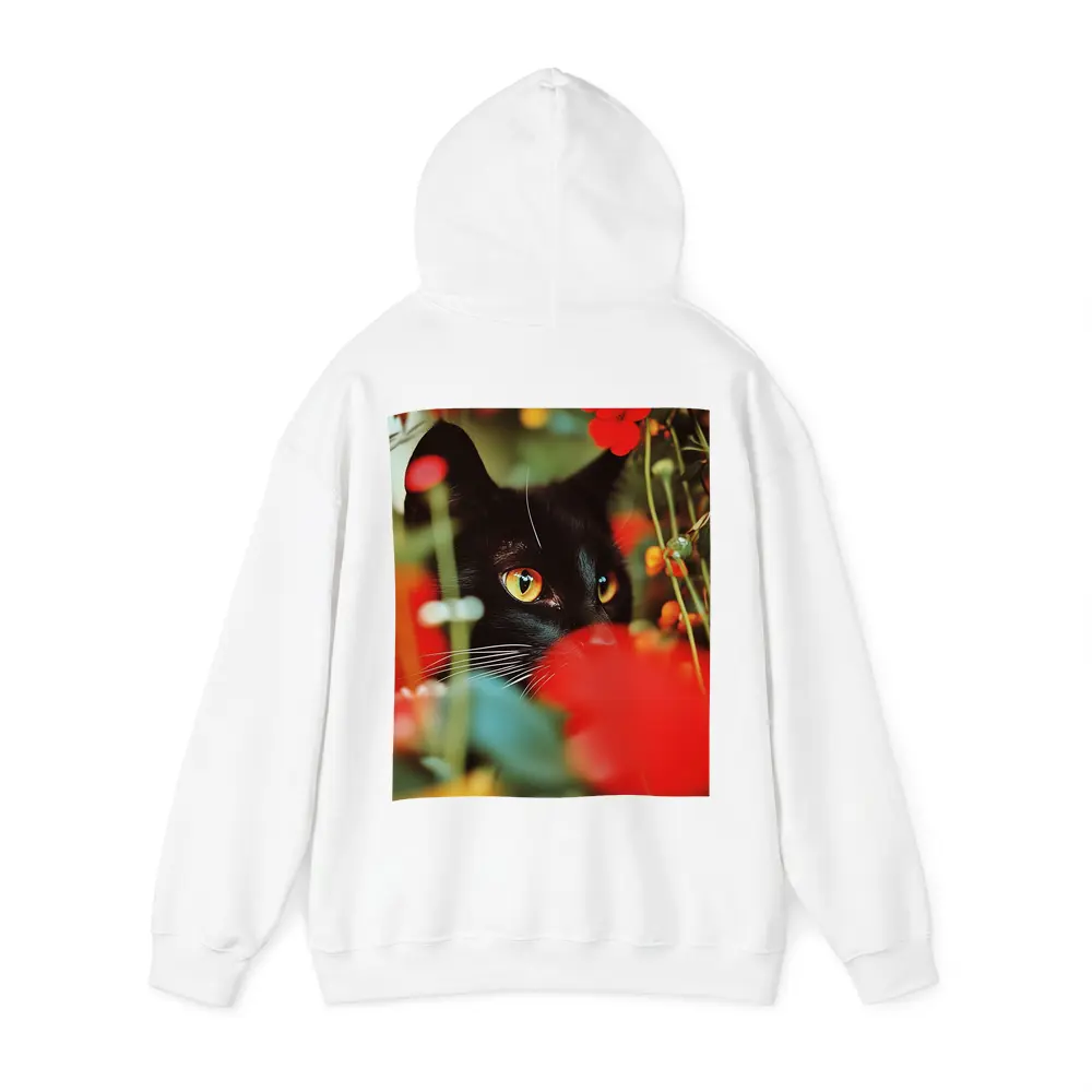 Black Cat Peeking Through Red Flowers – Hoodies