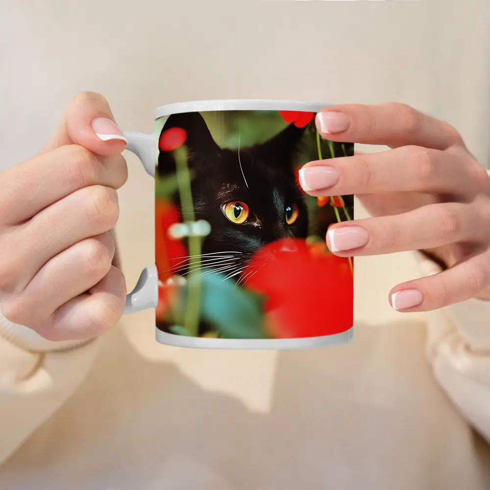 Black Cat Peeking Through Red Flowers – Mugs