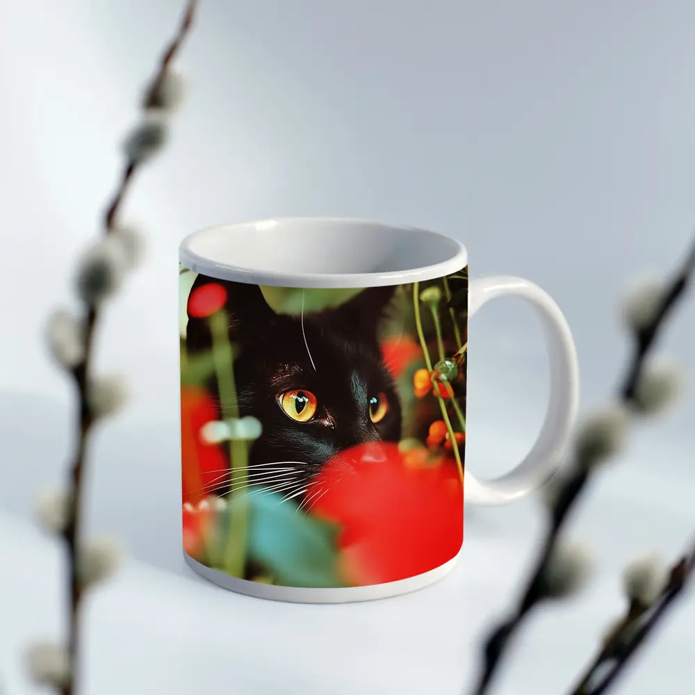 Black Cat Peeking Through Red Flowers – Mugs