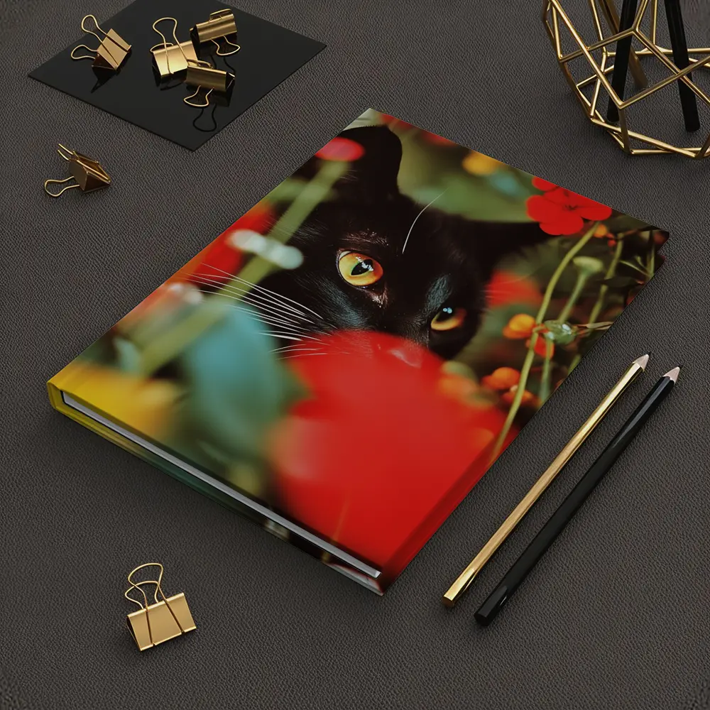 Black Cat Peeking Through Red Flowers – Notebooks