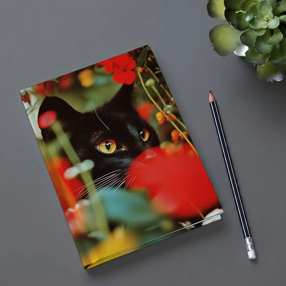 Black Cat Peeking Through Red Flowers – Notebooks
