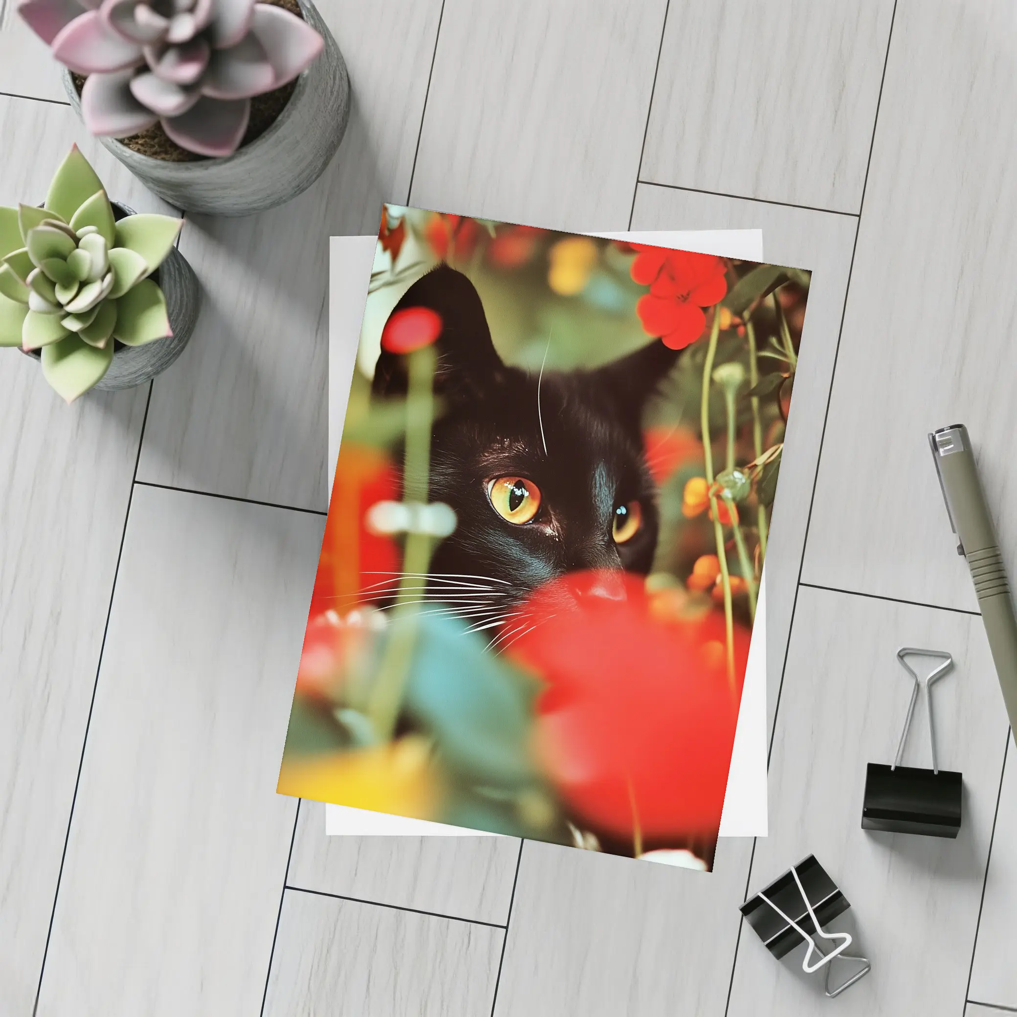 Black Cat Peeking Through Red Flowers – Postcards