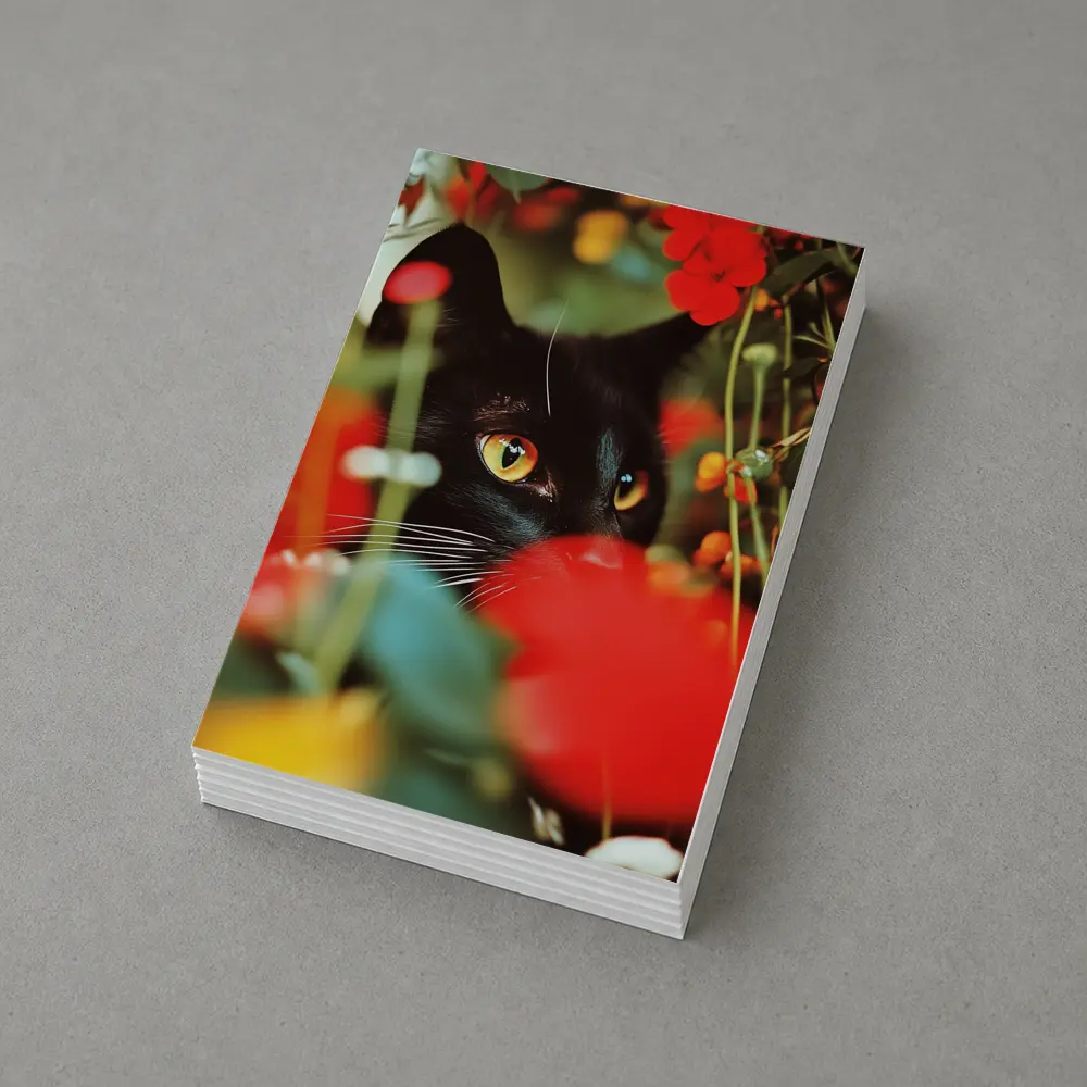 Black Cat Peeking Through Red Flowers – Postcards