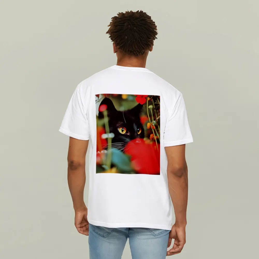 Black Cat Peeking Through Red Flowers – T-Shirts