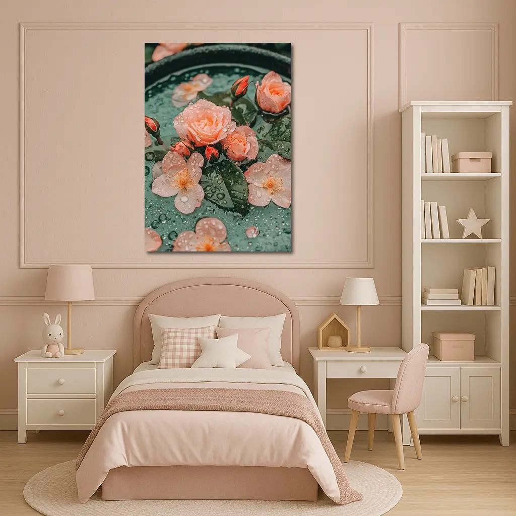 Pink Roses Floating Green Bowl Water Drops – Wall Art