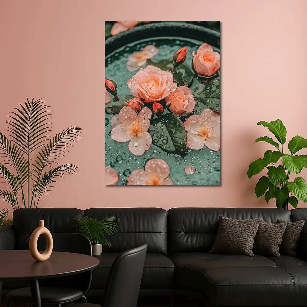 Pink Roses Floating Green Bowl Water Drops – Wall Art