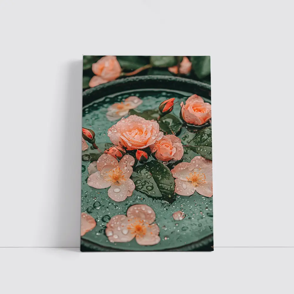 Pink Roses Floating Green Bowl Water Drops – Wall Art
