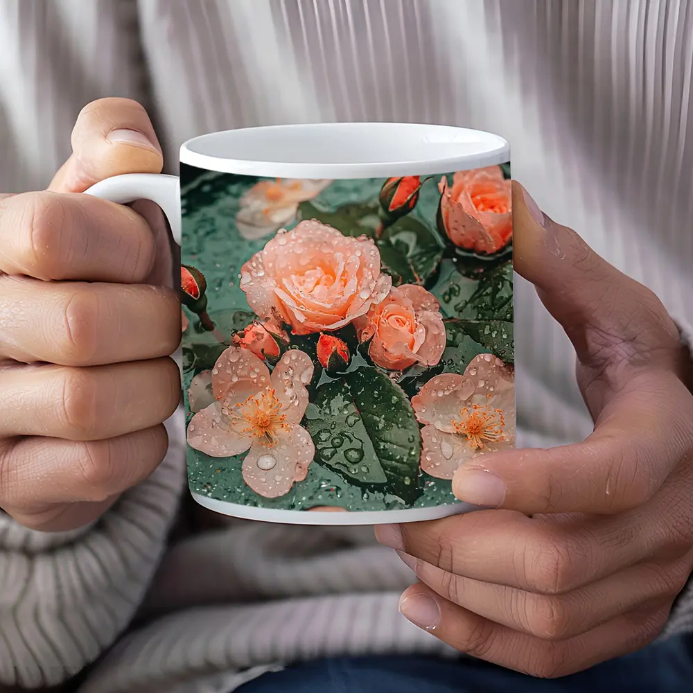 Pink Roses Floating Green Bowl Water Drops – Mugs