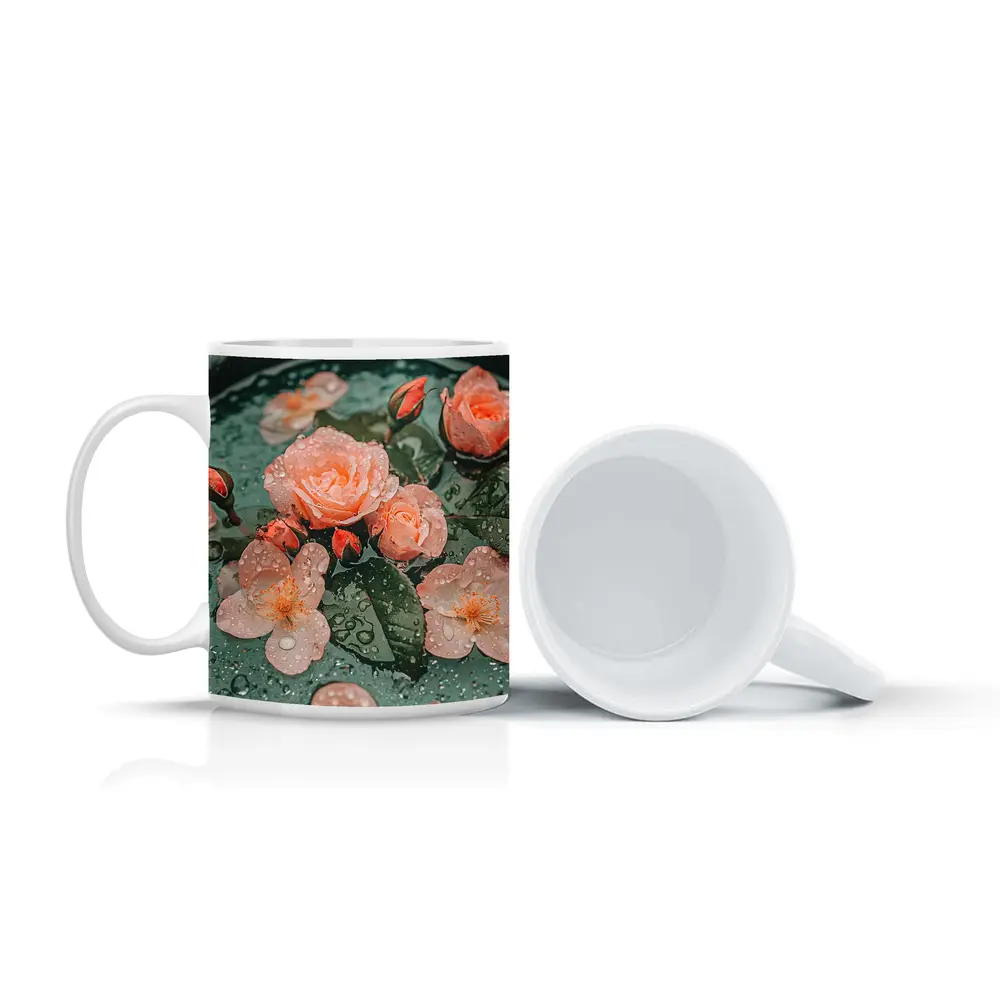 Pink Roses Floating Green Bowl Water Drops – Mugs