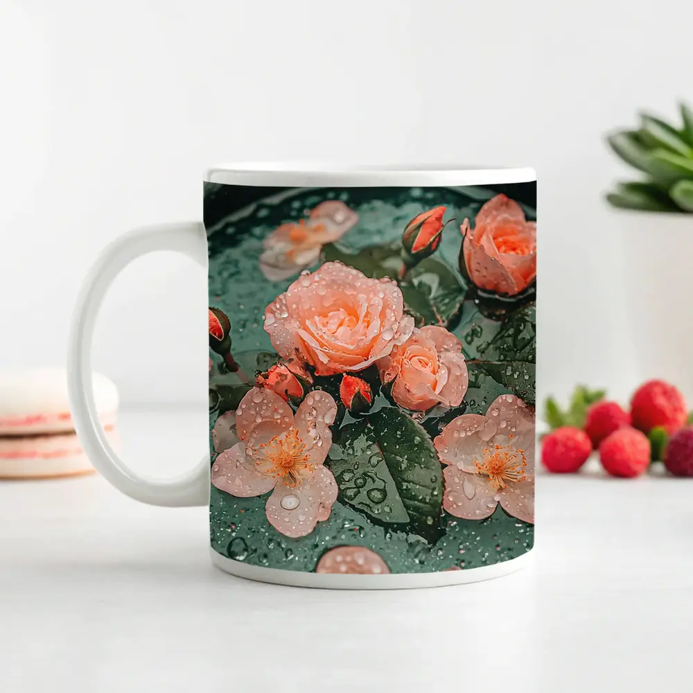 Pink Roses Floating Green Bowl Water Drops – Mugs