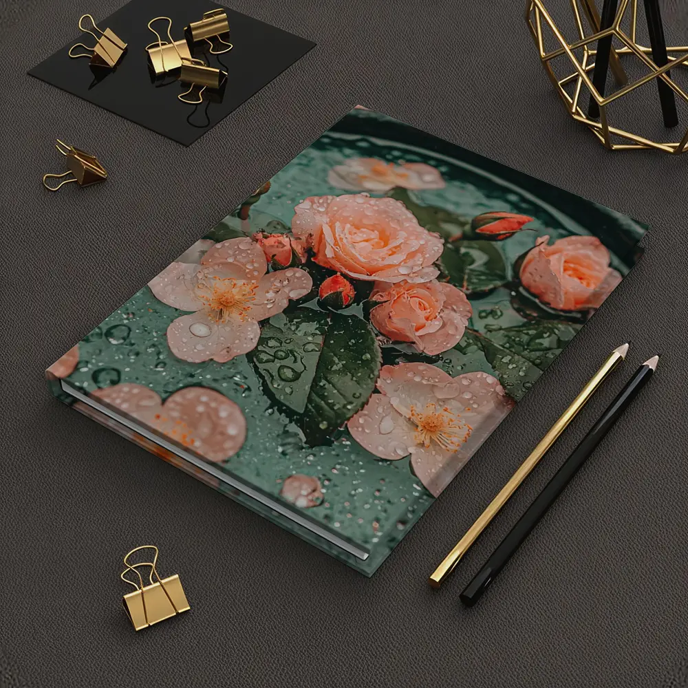 Pink Roses Floating Green Bowl Water Drops – Notebooks