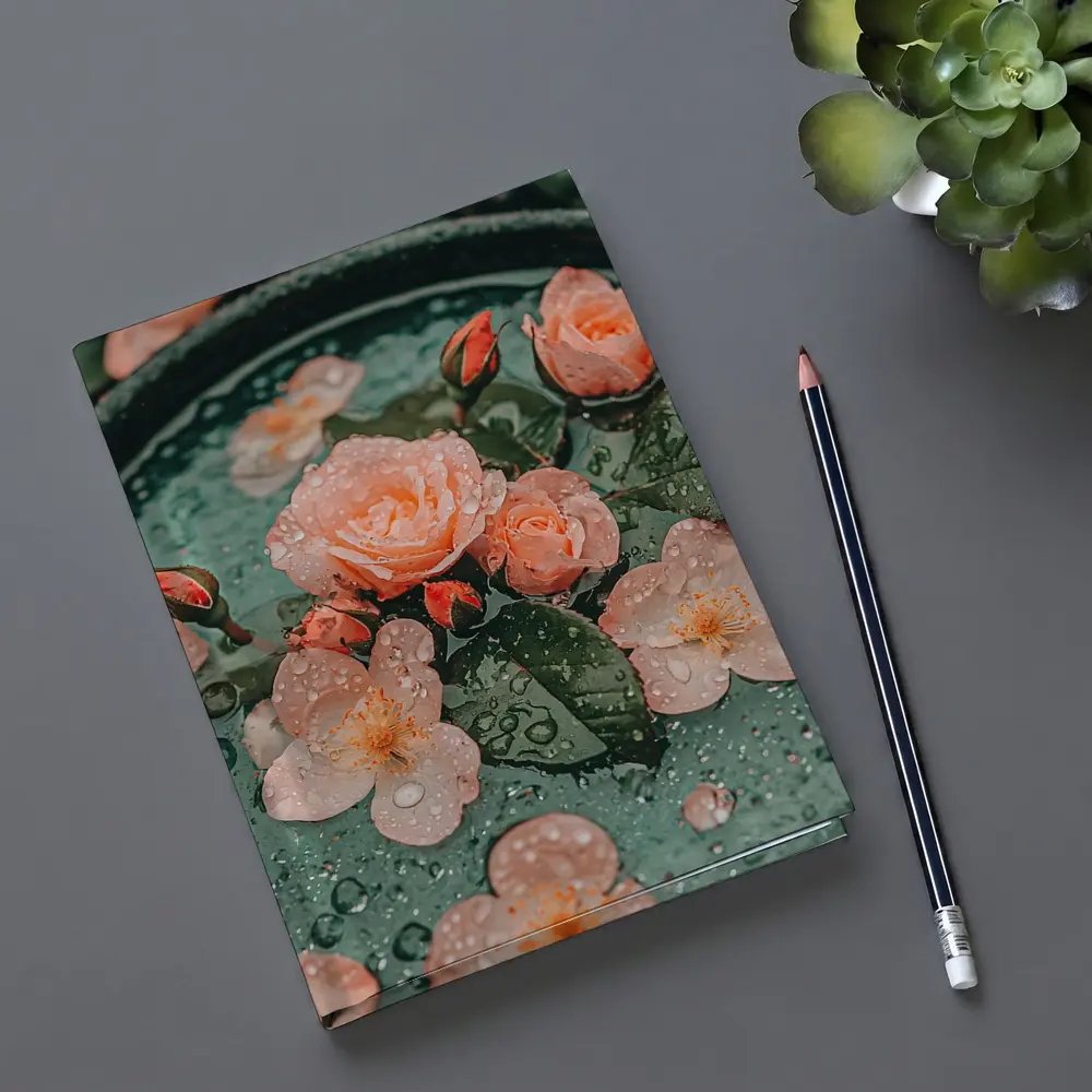 Pink Roses Floating Green Bowl Water Drops – Notebooks