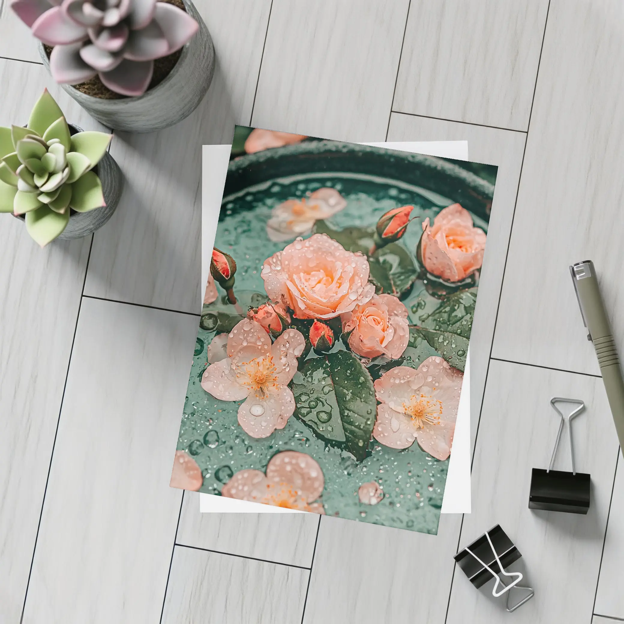 Pink Roses Floating Green Bowl Water Drops – Postcards