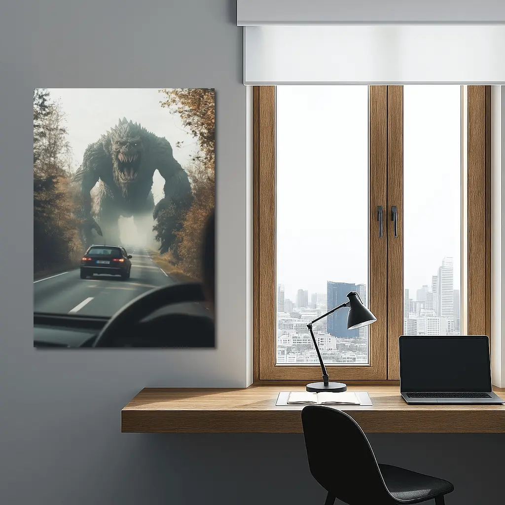 Giant Monster Attacking Car on Forest Road – Wall Art