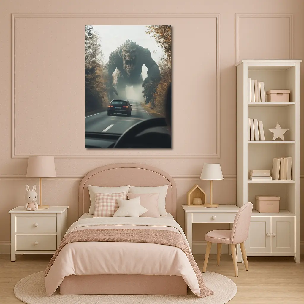 Giant Monster Attacking Car on Forest Road – Wall Art