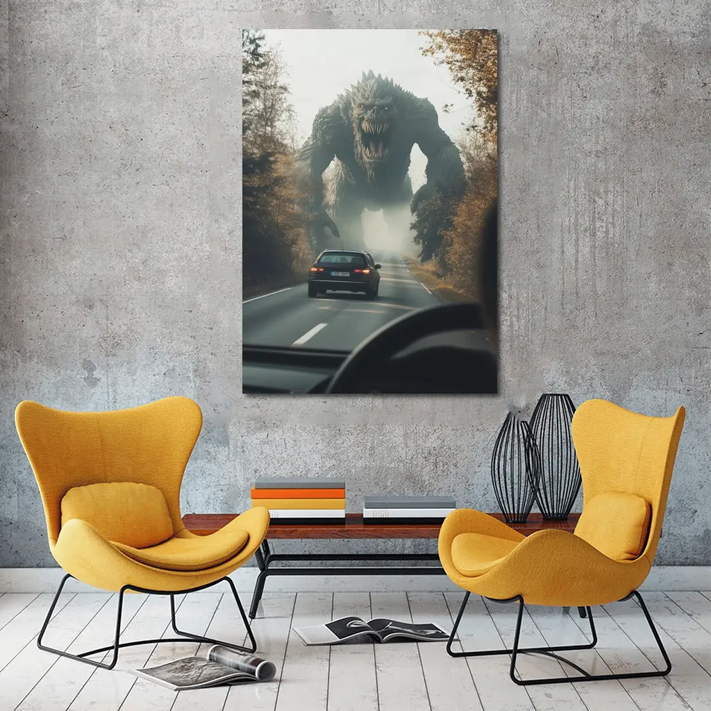 Giant Monster Attacking Car on Forest Road – Wall Art