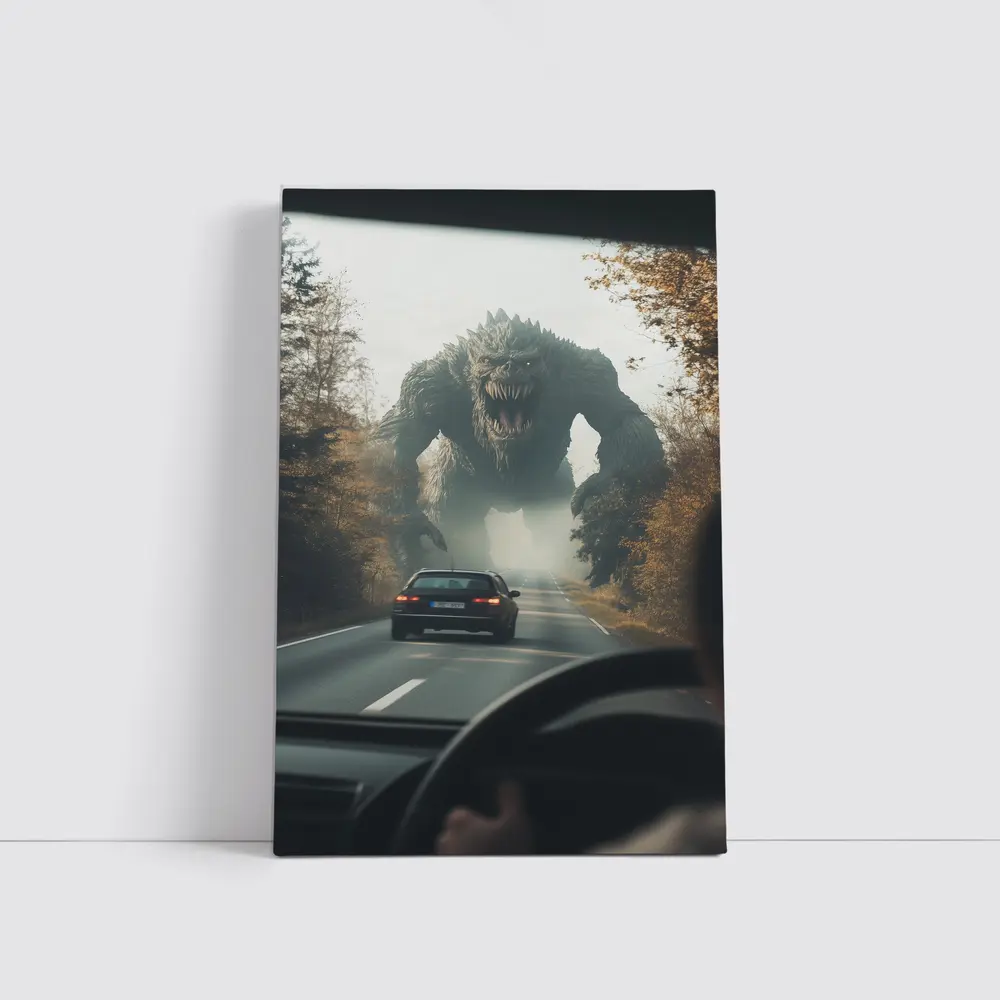 Giant Monster Attacking Car on Forest Road – Wall Art