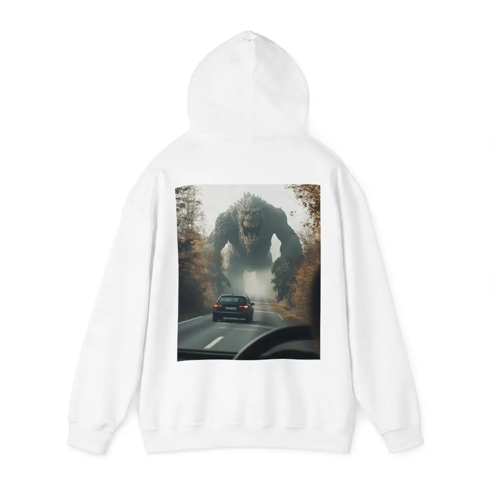 Giant Monster Attacking Car on Forest Road – Hoodies