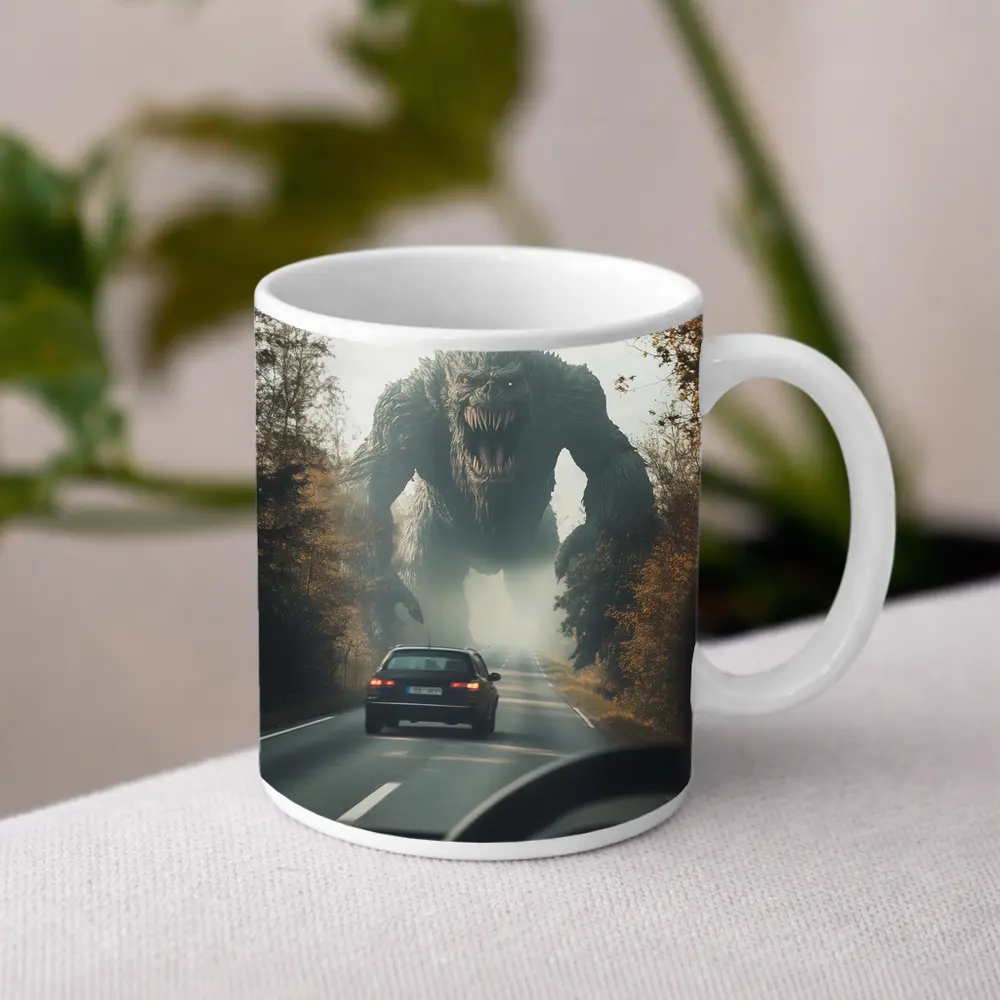 Giant Monster Attacking Car on Forest Road – Mugs