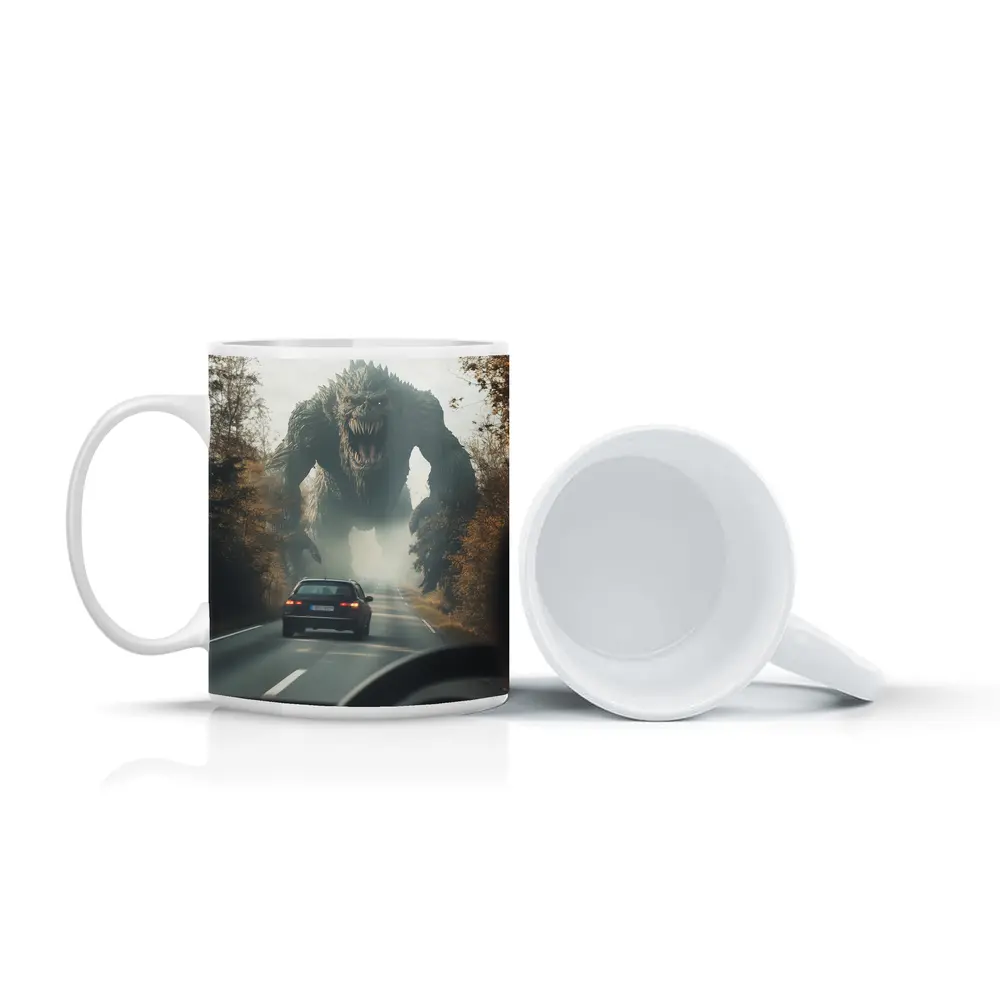 Giant Monster Attacking Car on Forest Road – Mugs