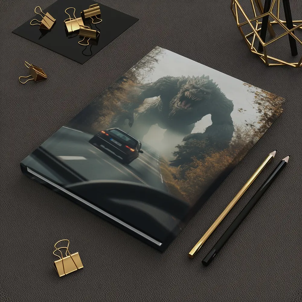 Giant Monster Attacking Car on Forest Road – Notebooks