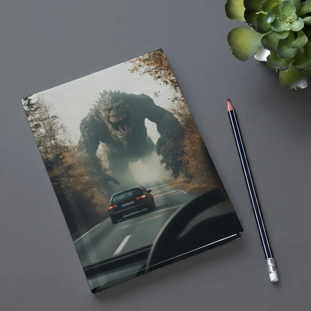 Giant Monster Attacking Car on Forest Road – Notebooks