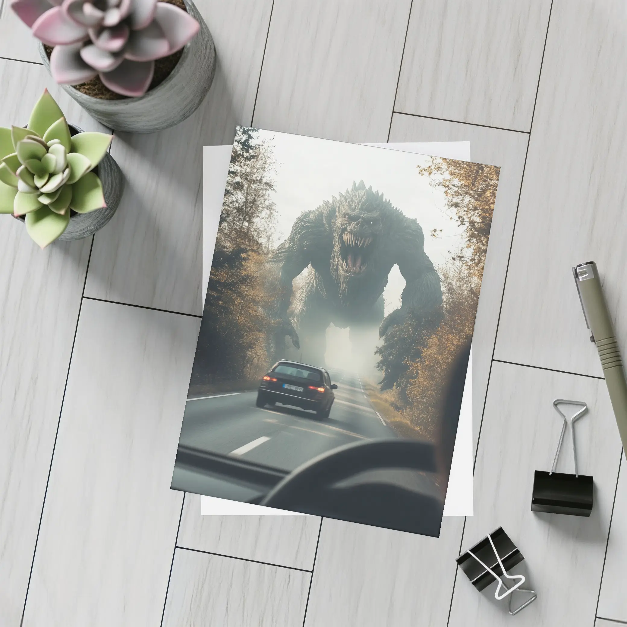 Giant Monster Attacking Car on Forest Road – Postcards