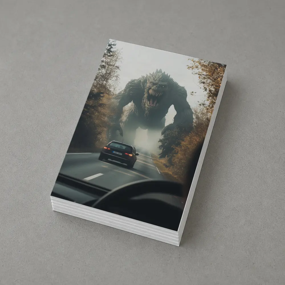 Giant Monster Attacking Car on Forest Road – Postcards