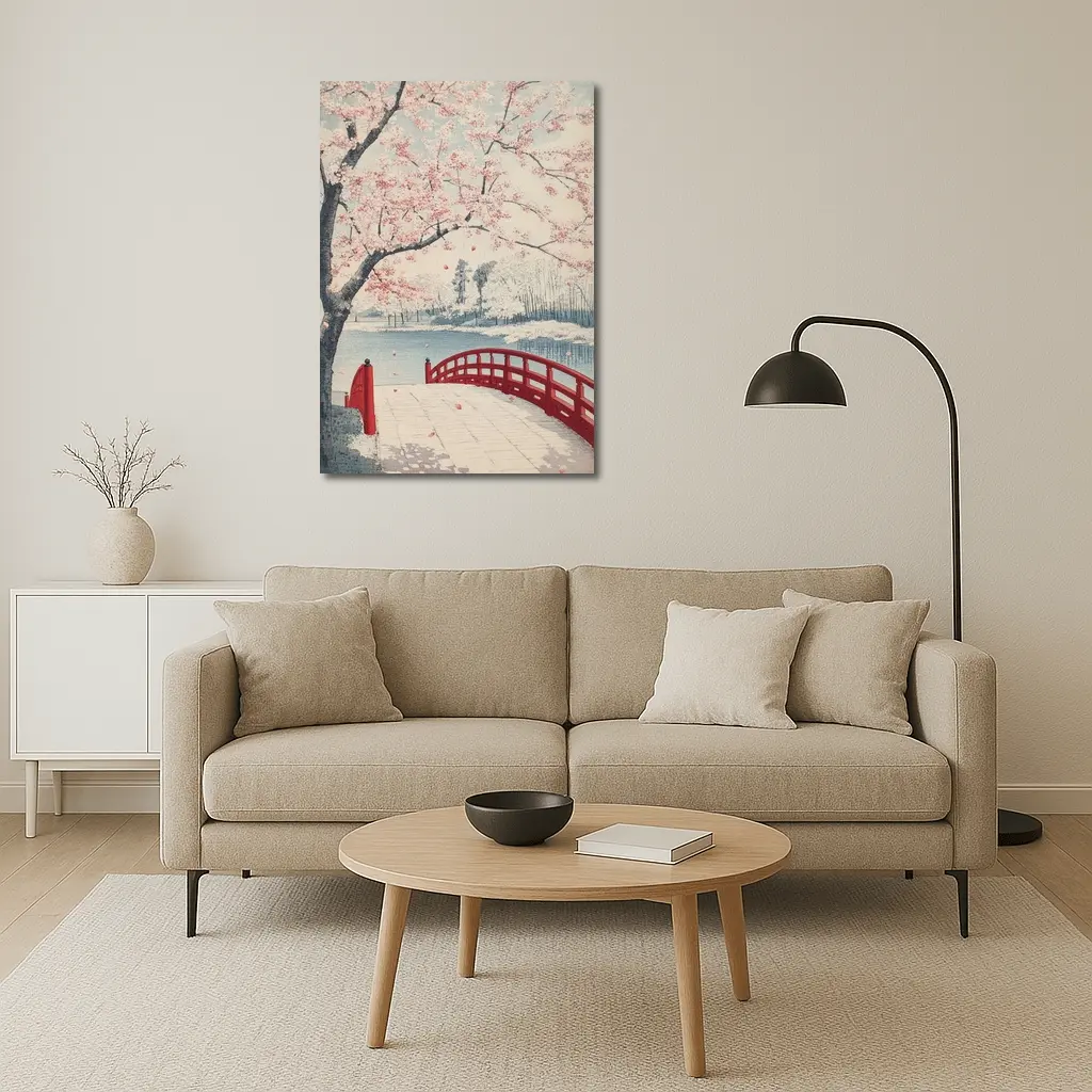 Japanese Cherry Blossoms Red Bridge Spring Scene – Wall Art