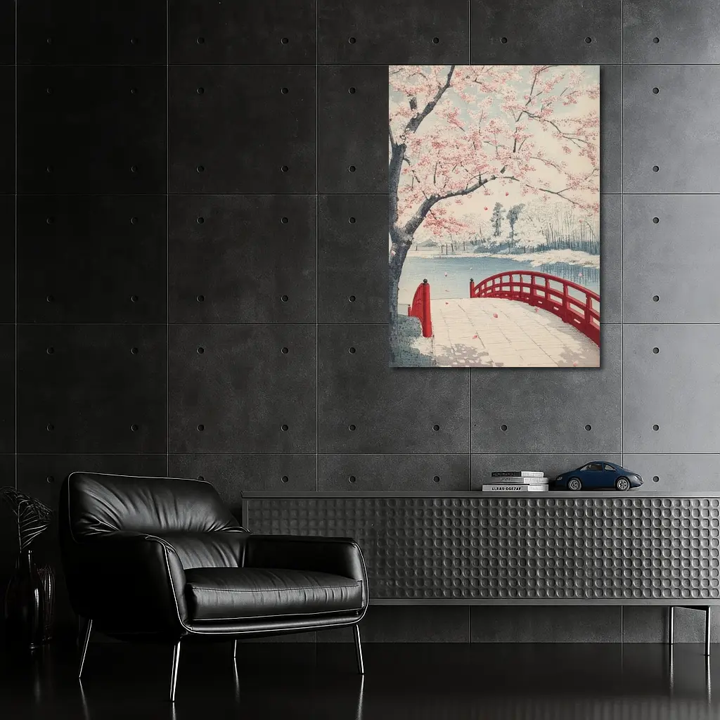 Japanese Cherry Blossoms Red Bridge Spring Scene – Wall Art