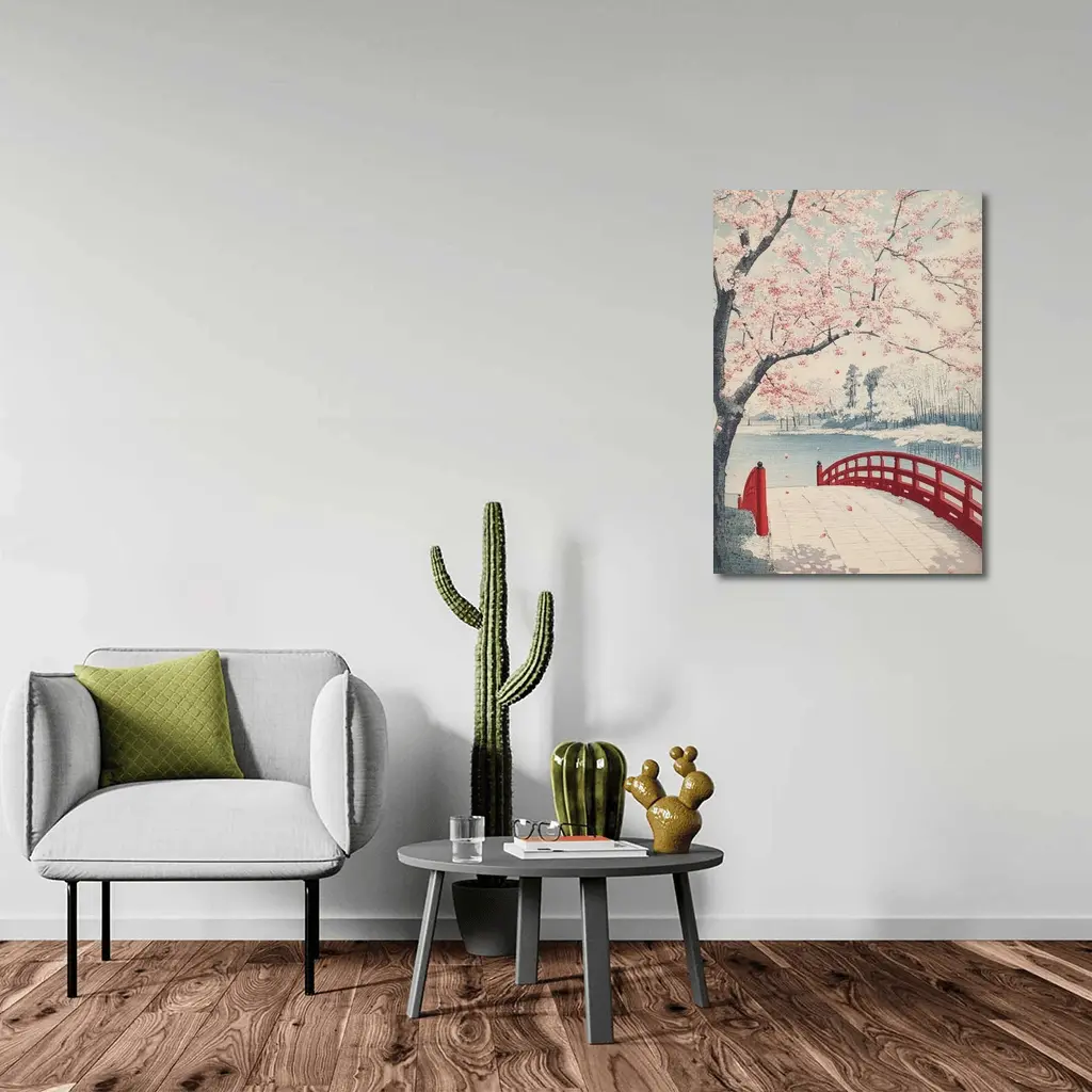 Japanese Cherry Blossoms Red Bridge Spring Scene – Wall Art