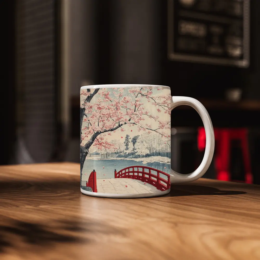 Japanese Cherry Blossoms Red Bridge Spring Scene – Mugs