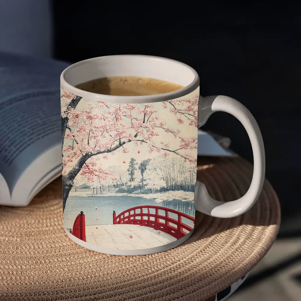 Japanese Cherry Blossoms Red Bridge Spring Scene – Mugs