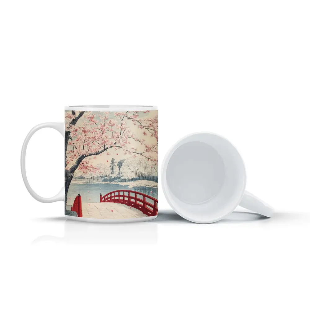 Japanese Cherry Blossoms Red Bridge Spring Scene – Mugs