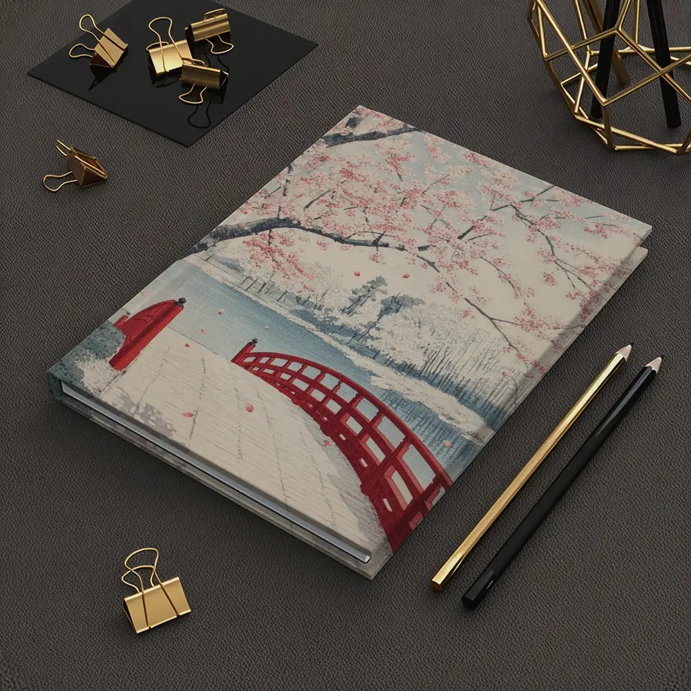 Japanese Cherry Blossoms Red Bridge Spring Scene – Notebooks