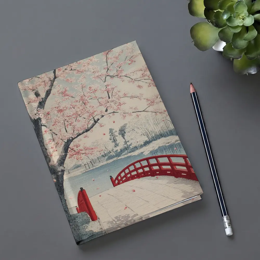 Japanese Cherry Blossoms Red Bridge Spring Scene – Notebooks
