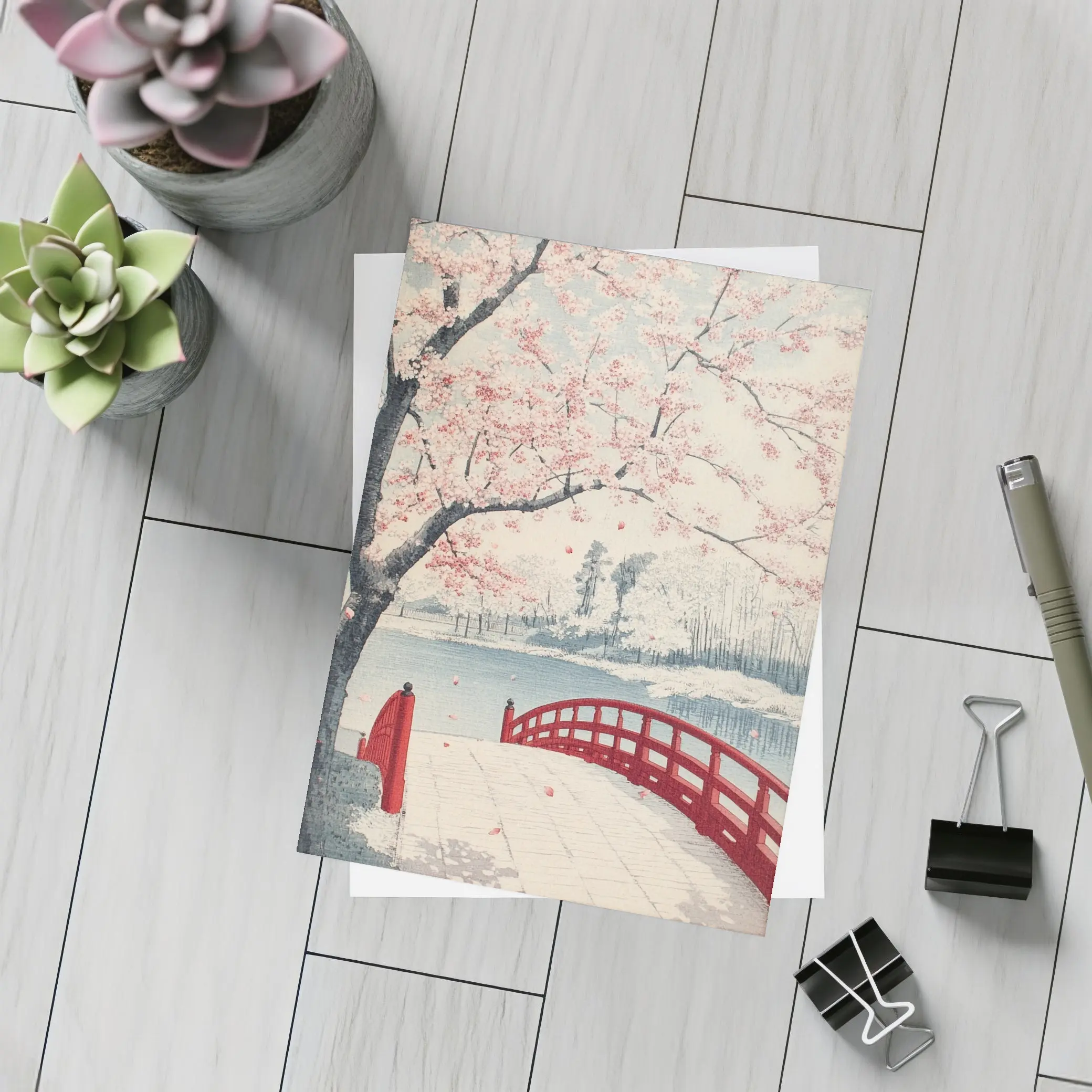 Japanese Cherry Blossoms Red Bridge Spring Scene – Postcards